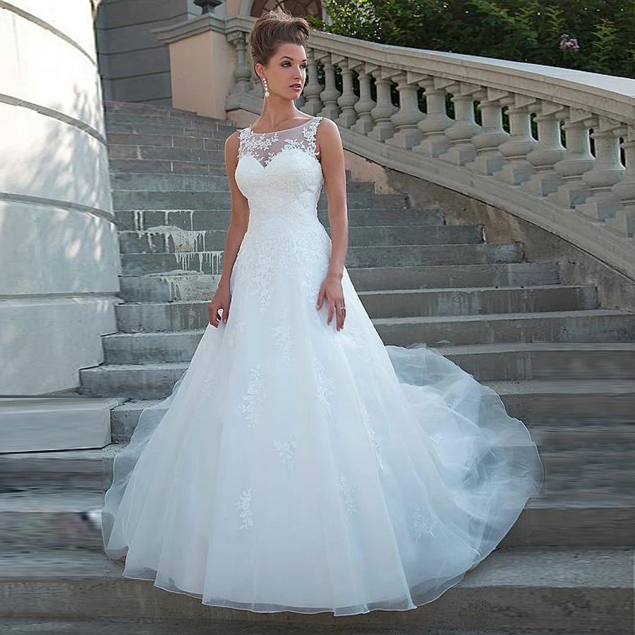 

vestidos de festa Chic Tulle Scoop Neckline A-line Boho Wedding Dresses 2023 Lace Applique Long Bridal Dress