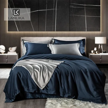 

Lanlika Luxury Dark Blue100% Egyptian Cotton Bedding Set Hotel Queen King Duvet Cover Set Flat Sheet Pillowcase Bed Linen Set