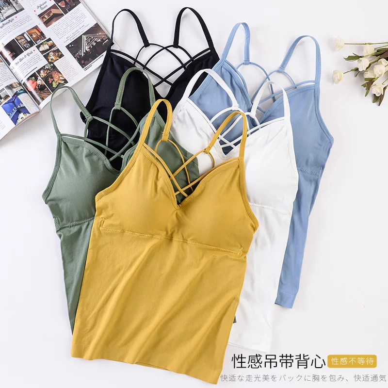 

Cross Thin Straps Camisole with Chest Pad Tanks Top Long Bottoming Vest Fashion Shirt Camisole