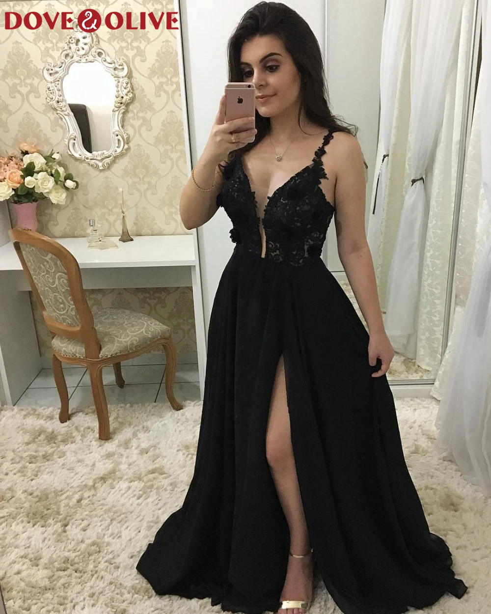 

2020 High Split Sexy V Neck Long Prom Dresses Elegant Appliques Spaghetti Straps vestidos de fiesta Formal Party Evening Gowns