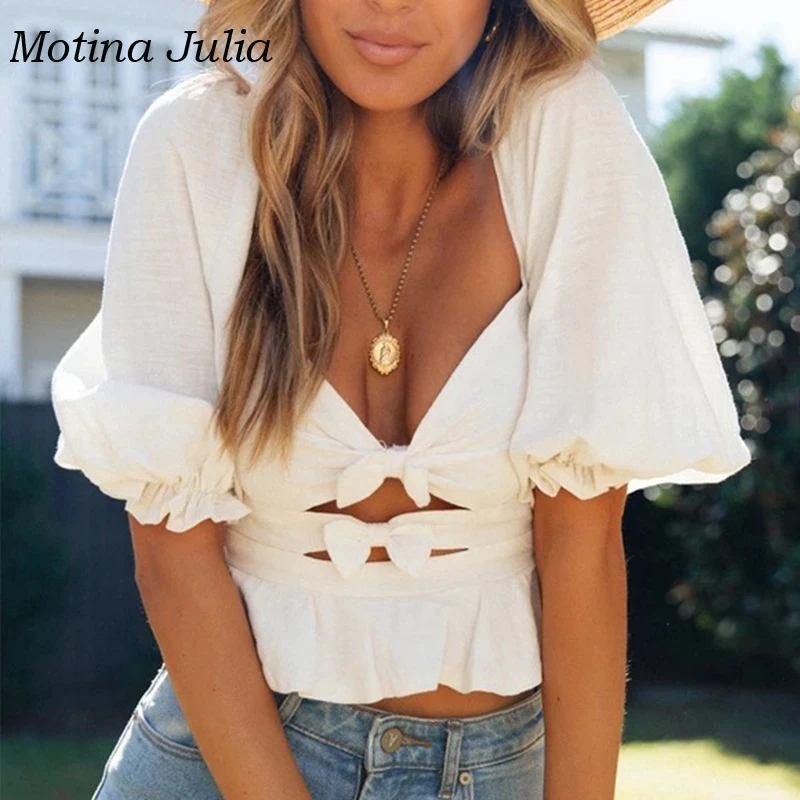 Motina Julia, удобные хлопковые блузки, рубашка для женщин, новинка, весна-лето, с рюшами, с бантом, блузки, Рубашки, Топы, женские блузки