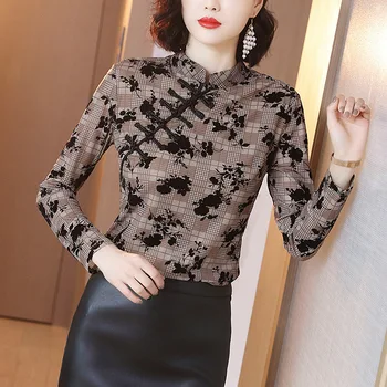

New 2020 Chinese Style Women Spring Stand Collar Long Sleeve Printing Elegant Blouses Tops Female Autumn High Fashion Hot Shirts