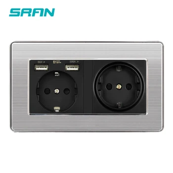 

SRAN EU dual frame power socket and socket with usb output 5v2.1A with hidden indicator stainless steel panel 146mm*86mm