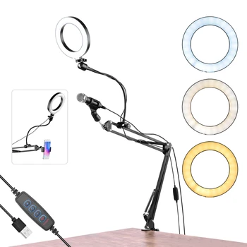

6.5inch/16cm Video Ring Light Kit with Articulating Arm Ball Head Stand Micropone Shock Mount Phone Clamp Remote Shutter Lamp