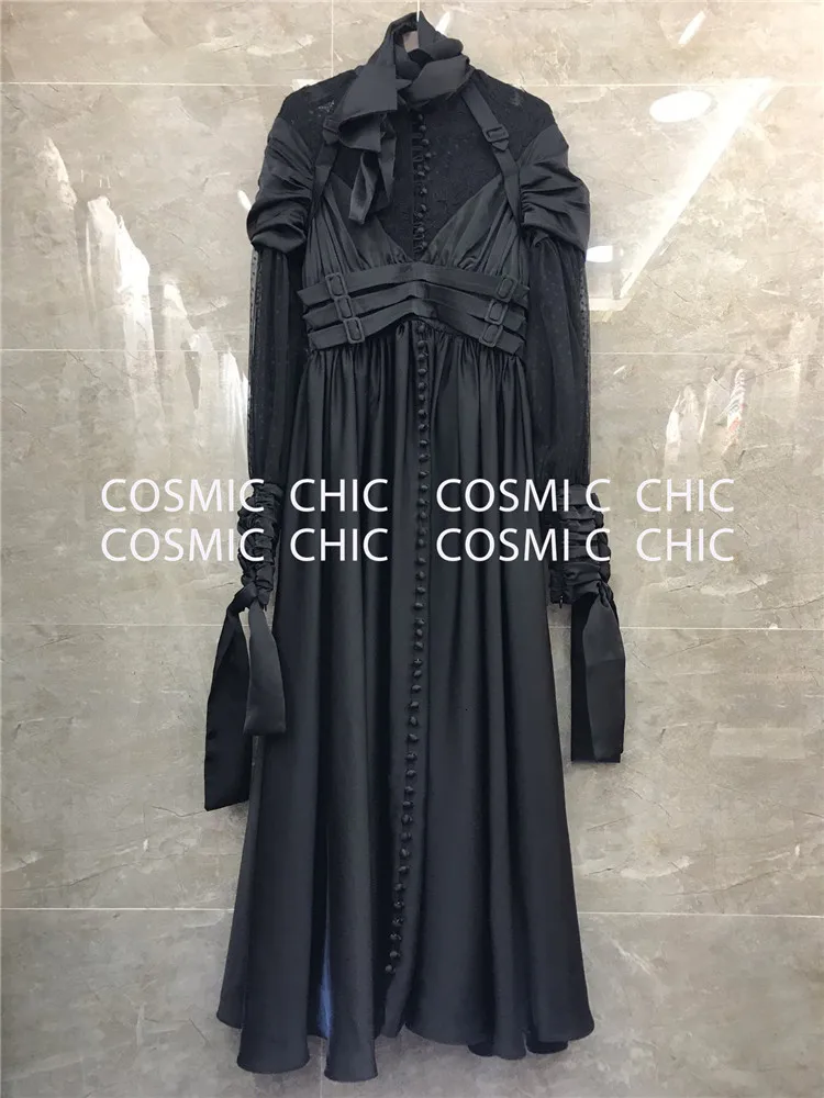 Cosmicchic Подиум Высокое качество точка кружево лоскутное платье макси с длинным рукавом Высокая талия бант воротник Ретро дворцовые вечерние платья