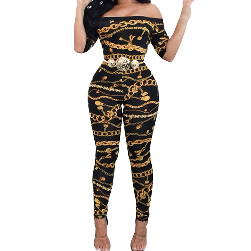 Chain Print Off Shoulder Jumpsuits Long Pants For Women Fitness Short Sleeve Playsuit Sexy Club Rompers Overalls Dropshipping