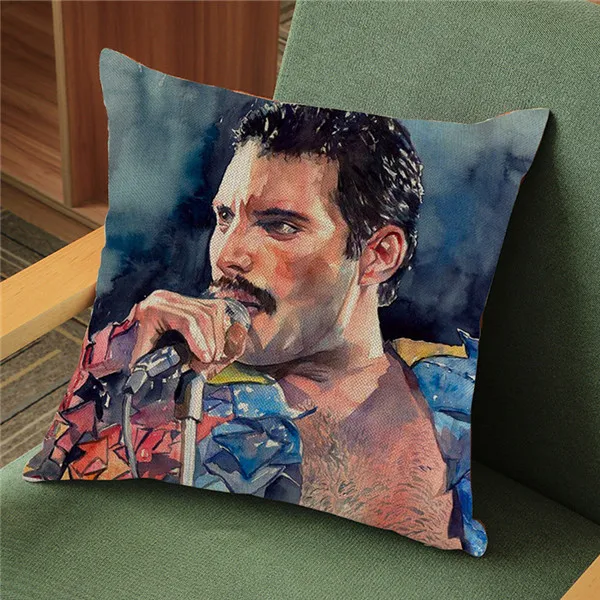 Queen Band Music Art Freddie Mercury Watercolor Vintage Portrait Cushion Cover Poster Design Decorative Sofa Throw Pillow Cover