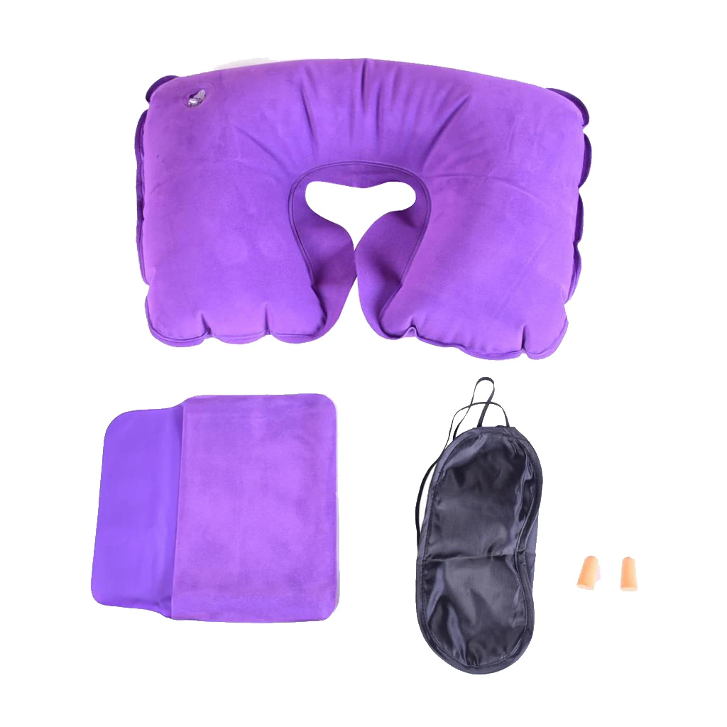 U Shaped Inflatable Travel Pillow Neck Support Cushion for Long Haul Flights/Car Restful Sleep/Office Nap, with Ear Plug & Mask