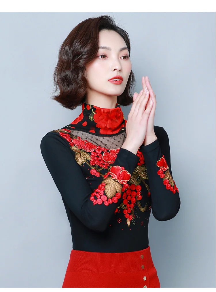 Dingaozlz, L-7XL, зима, новинка, вышитая рубашка, водолазка, толстая, теплая, кружевная блузка, длинный рукав, плюс бархат, сетка, Женский Топ, плюс размер