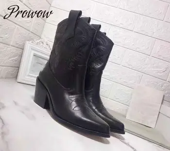 

Prowow New Genuine Leather Sexy Pointed Toe Brand Women Autumn Winter Boots Thick Heel Mid Calf Cowboy Boots Shoes Women