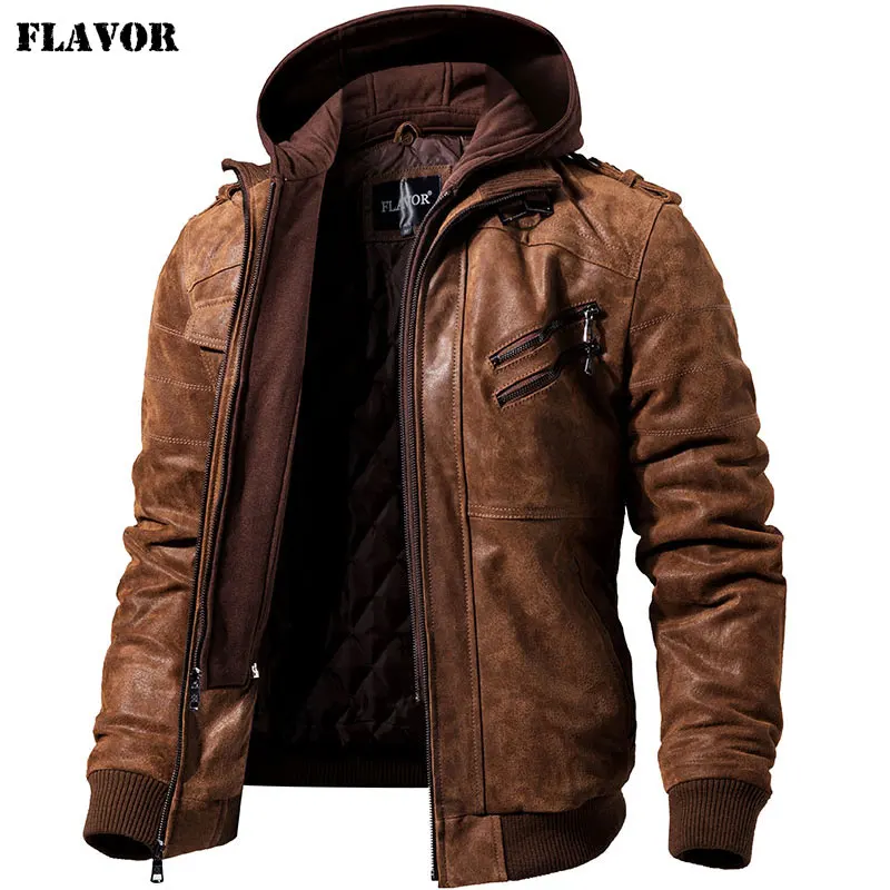 Vente Veste de moto en cuir véritable pour hommes capuche amovible manteau d hiver pour hommes vestes en cuir véritable chaud