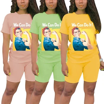 

2020 Women's Fashion Two Piece Set Cartoon Woman Print Short Sleeves Shorts Sets Summer Casual Printed Multicolor Two-piece Set