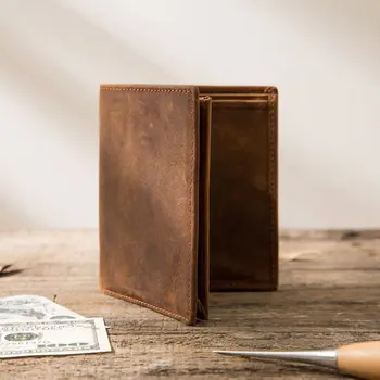 

Hand-Made Horse Leather Full-grain Leather Retro Style Verticle Men's Wallet Simple Retro Leather WOMEN'S Wallet