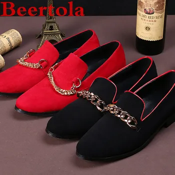 

Cow Suede Men Shoes Metal Chain Decor Round Toe Low Heel Slip On Flats Shoes Men Black Red Wedding Shoes Shallow Tenis Masculino