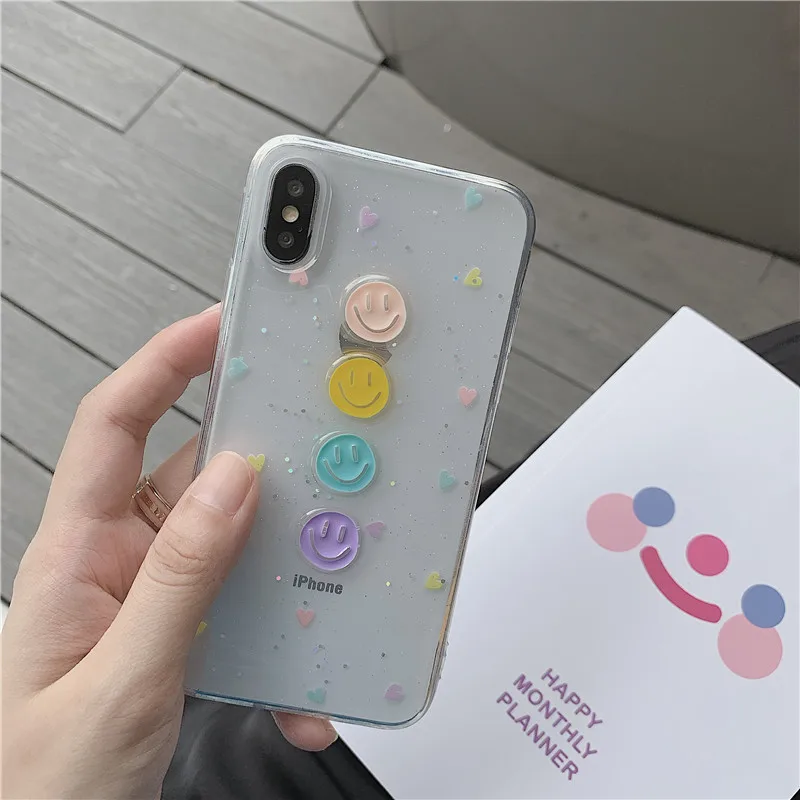 

Glitter smile face phone case For iPhone XS Max X XR Case For iphone 6S 6 7 8 Plus cute 3D soft silicone transparent back cover