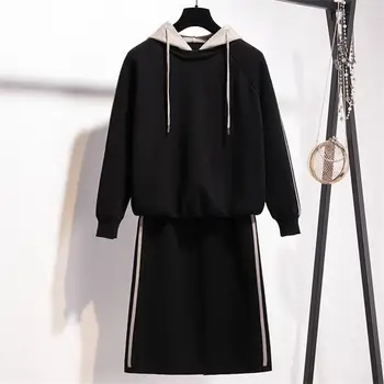 

Plus Size Stripe Two Piece Set Women Split Elastic Waist Skirt Hooded Sweater Knitted Suit 2019 Autumn Winter Outfits