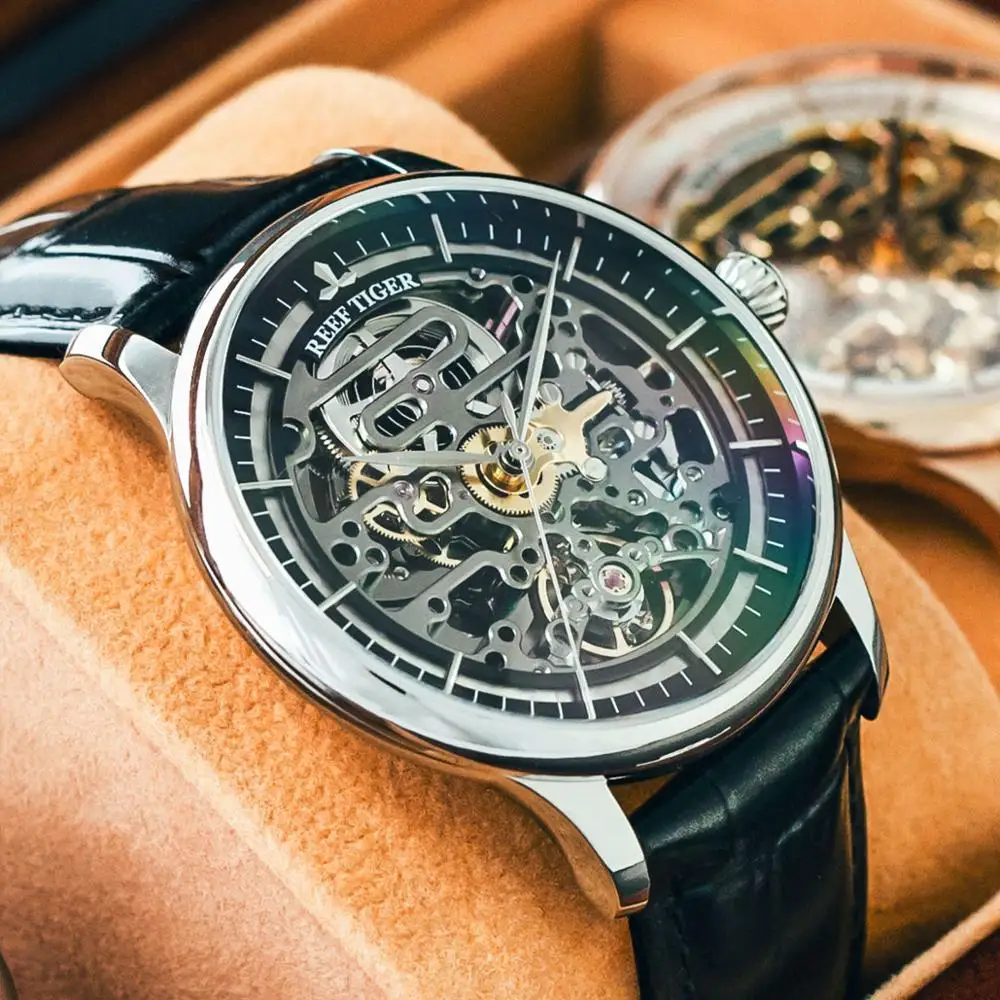 Мужские часы скелетоны на кожаном ремешке с автоматическим ремешком|tiger design|watch