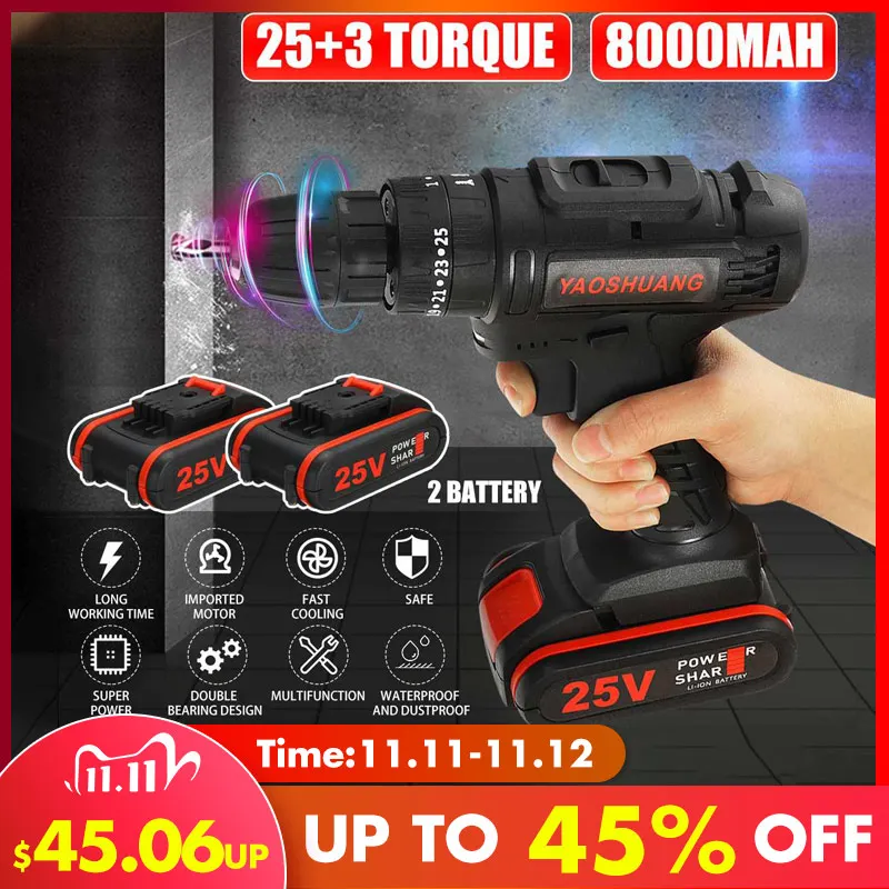 YAOSHUANG 25V 3/8 аккумуляторная электрическая дрель ударный молоток отвертка батарея с