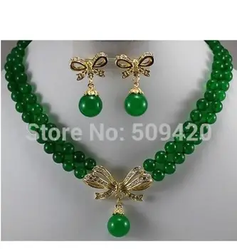 

Free Shipping Wholesale >2Strands new Yellow Gold fine jewelry Green jade new Round Necklace Earring