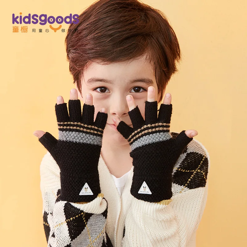 

Children Half-finger Gloves Autumn And Winter Windproof Antifreeze Lengthen Bowl Fingerless Doing Homework Simple Stripes Knitte
