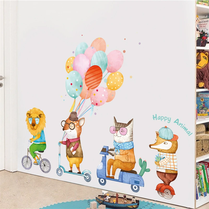 1PC Large Cartoon Animals Wall Decor Happy Lion Fox Riding Wall Stickers Colorful Balloon For Kids Room Home Decor Funny 60*90cm