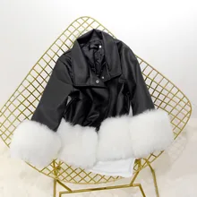 Famale 2021 Winter Elegant PU Leather Coats Women Autumn Loose Long Sleeve Turn-down Collar Patchwork Artificial Fur Short Coat