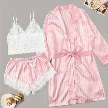 

MUYOGRT Long sleeve Womens Pajamas Sexy Lace Lingerie Nightwear Underwear Sleepwear 3PC Suit Pajama Sets For Women Pijama Mujer