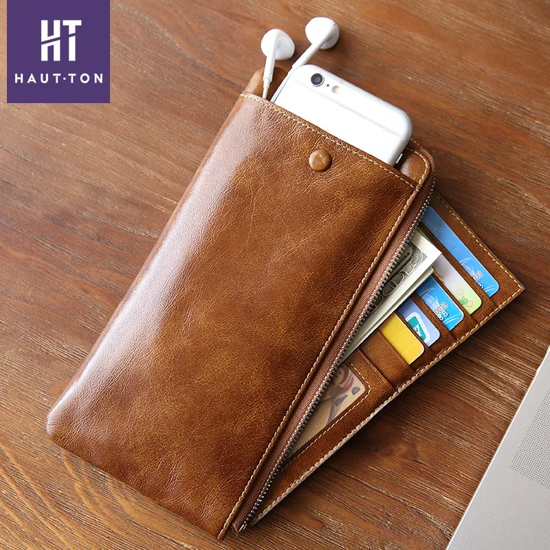 

Haut Ton MEN'S Wallet Leather Handbag Zipper Bag Men's Cowhide Ultra-Thin Clutch Retro Leather Wallet Men's Bag