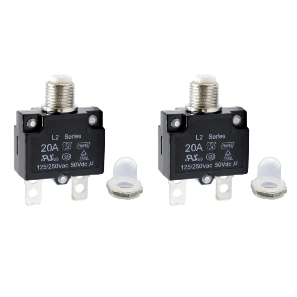 2 Pieces 20 Amp Push Button Circuit Breakers with Waterproof Button Transparent Cover, DC 50V AC 125-250V