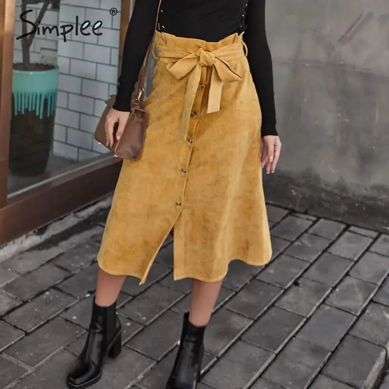 Skup Simplee A line spódnica sztruksowa kobiety jesienno zimowa vintage harajuku dla kobiet spódnica trzy czwarte elegancka wysoka talia szarfa pasek spódnica damska