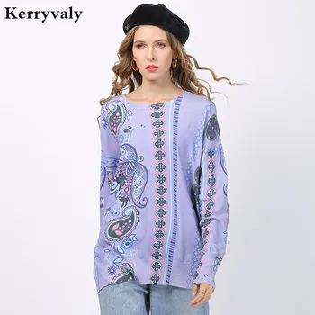 

New Retro Printed Sweater Women Pullover Long Sleeve Purple Romantic Flowers Print Pullovers Oversized Tops Pull Femme D6331