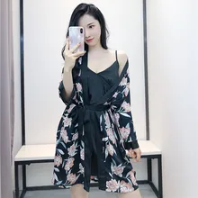 Сексуальный цветочный принт 2 шт. устанавливает ночную рубашку ночная рубашка Летняя женская одежда для сна халат женский халат и платье наборы с нагрудники