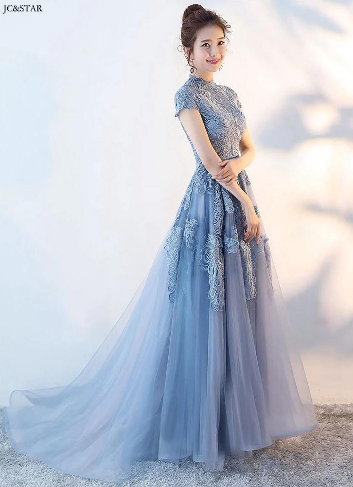 Vestido madrinha, новинка, кружевное платье трапециевидной формы с коротким рукавом и круглым вырезом, пыльно-голубое платье подружки невесты, свадебное платье со шлейфом, винтажное платье для гостей, damas de hon