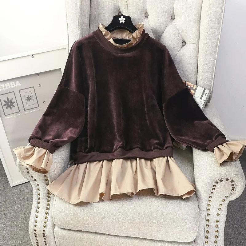 Dark Brown Neploe Элегантный Деревянный ушной золотой бархат поддельные из двух частей толстовки Стенд воротник с длинным рукавом Лоскутная оборками толстовка осень весна - Color: Dark Brown