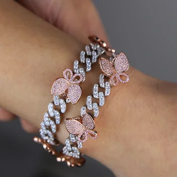 

Romantic pink butterfly hand bracelets for women party wedding full iced out CZ zircons paved miami chain bracelet chain jewelry