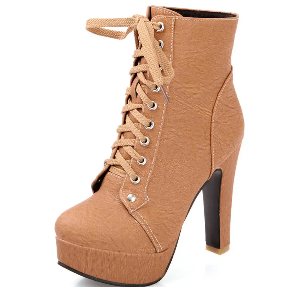 Karinluna/Прямая поставка, новые модные ботильоны на высоком массивном каблуке, большие размеры 43 женская обувь на платформе со шнуровкой женские ботинки - Цвет: Коричневый