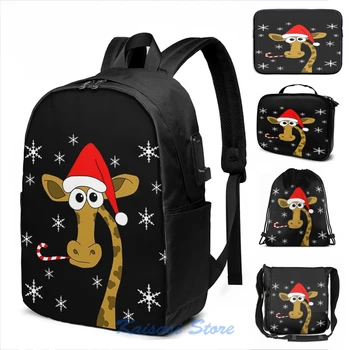 

Funny Graphic print Christmas giraffe USB Charge Backpack men School bags Women bag Travel laptop bag