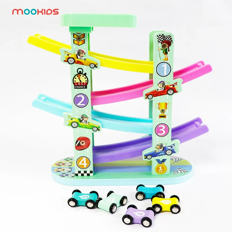 

Wooden Train 4-Layer Race Track & 4 Mini Inertia Race Car Sliding Toy Vehical &Train Baby Toddler Motor for Baby Car