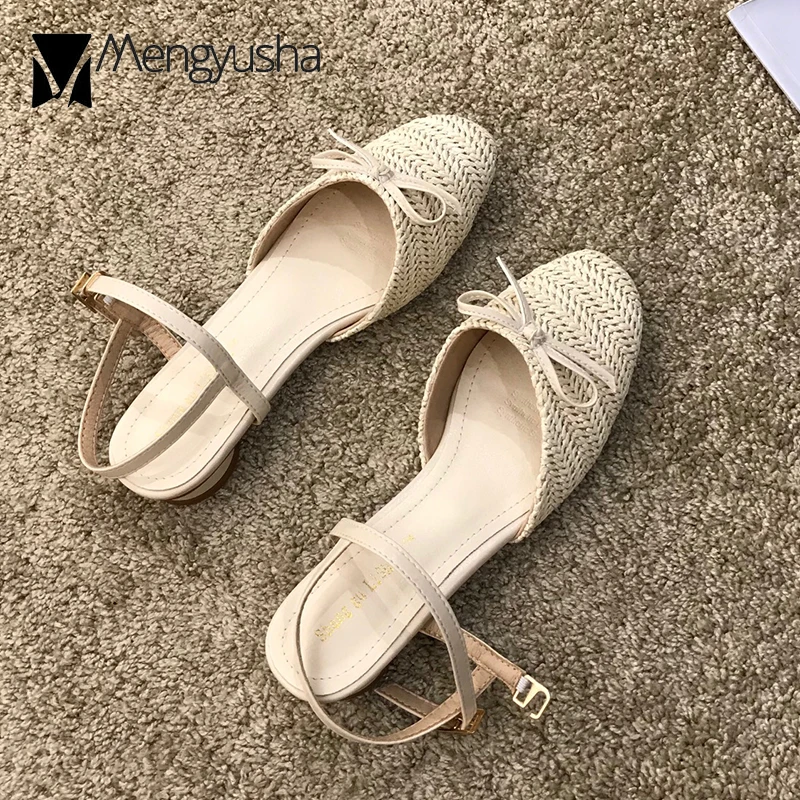 

close toe bowtied gladiator sandals cane weave breathable sandals brand shallow low round heel hollow slingback women shoes 2019