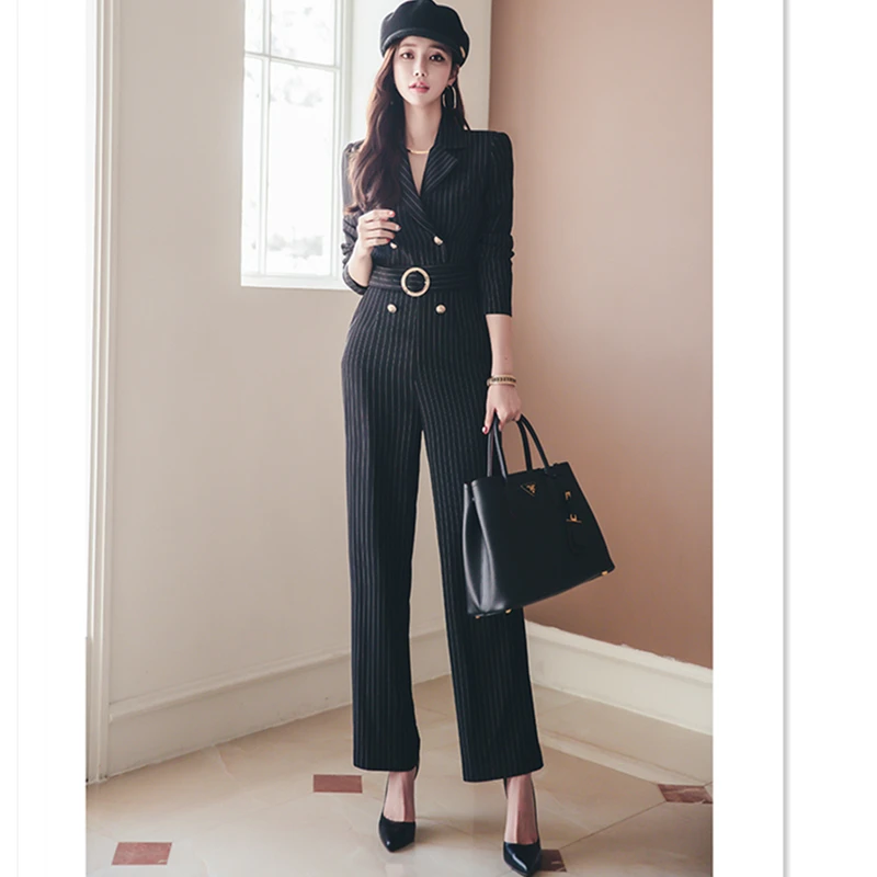 

Spring Rompers Women Striped Jumpsuit Autumn Elegant Office Lady Work Wear Long Sleeves Playsuit Tracksuit Long Pants