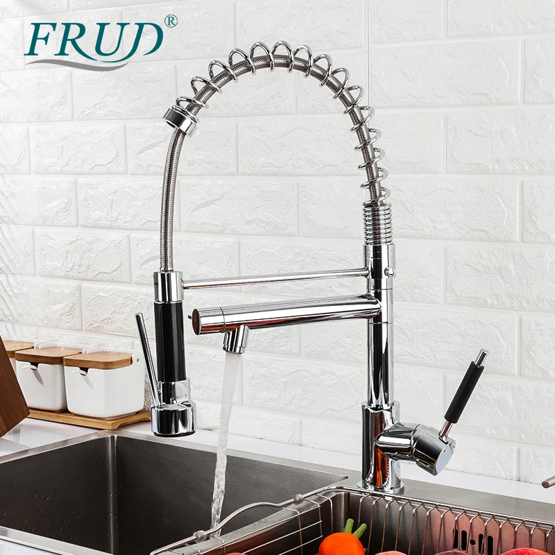 FRUD Chrome Black Kitchen Faucet Pull Out Nozzle Hot Cold Water Mixer 2 Outlet Shower Swivel Tap Spring Torneira Cozinha