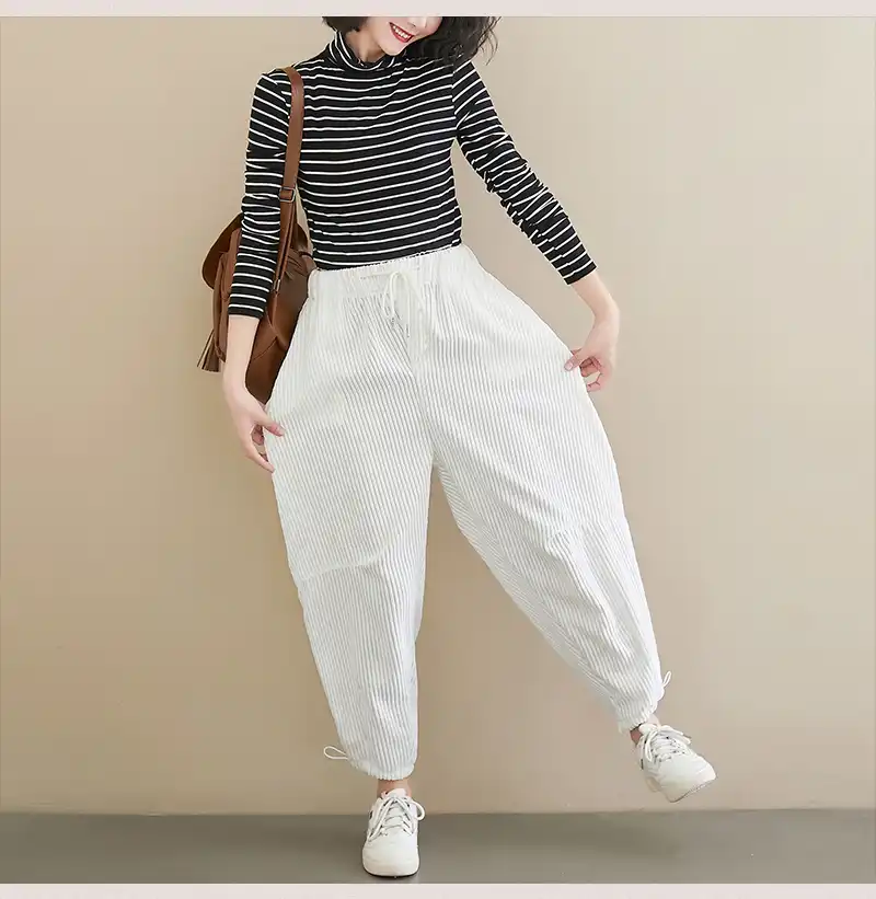 文学ハーレムパンツ白人女性のズボン芸術 Pantalones Bordados Mujer ストライプパンタロンアルト Mujer 緩いパンタロン パンツ カプリパンツ Aliexpress
