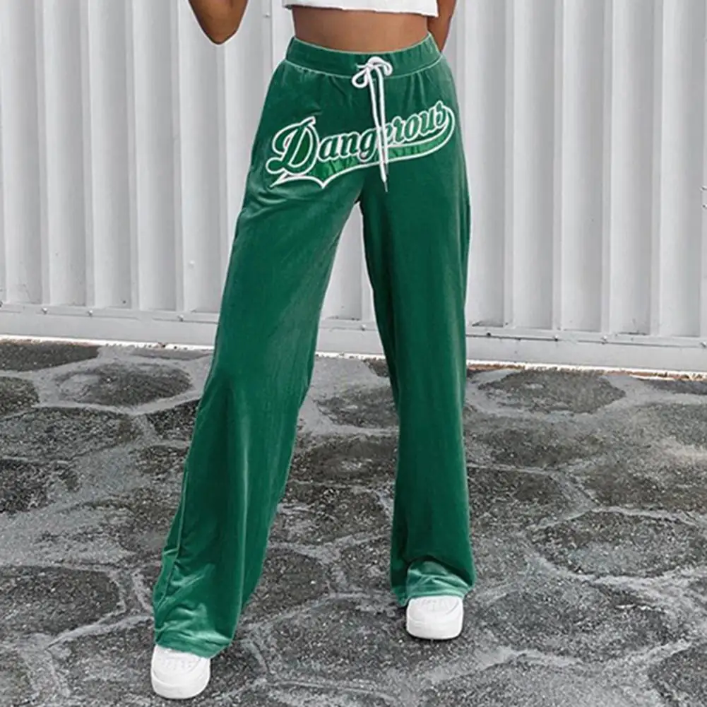 Women's Velvet Sports Pants Green Wide Leg Sweatpants Loose Track Jogging Solid Color Tie Wrap Trousers Casual trouser suits 1