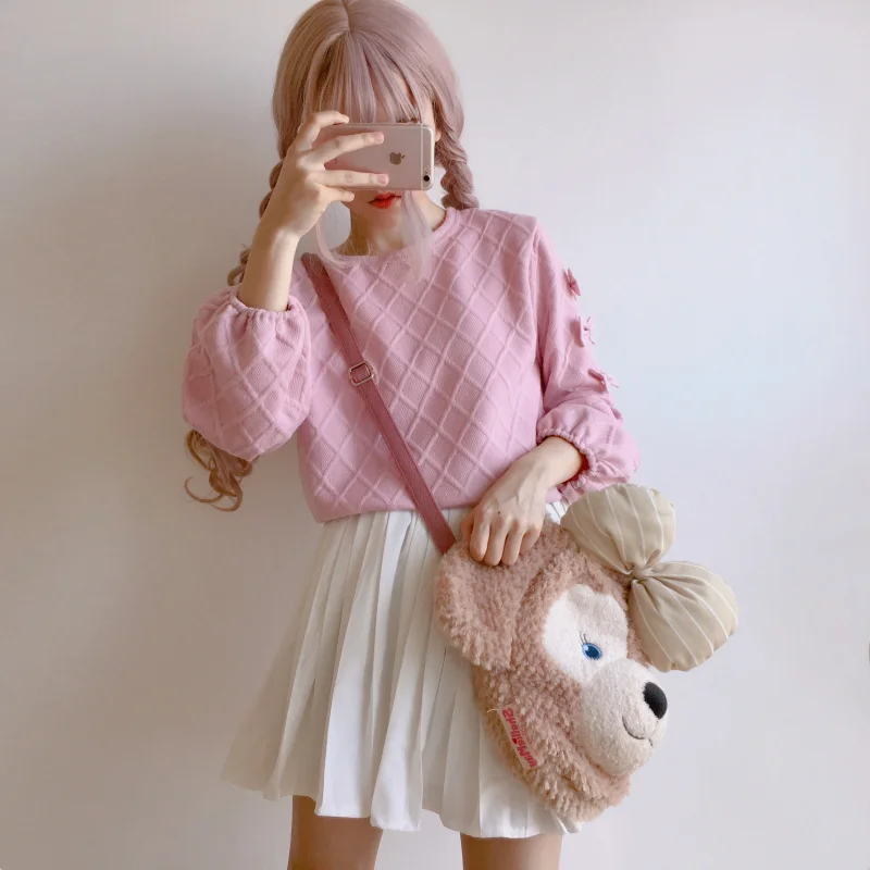 Kawaii, Женский Осенний мягкий милый пуловер с круглым вырезом, пуловер с бантом и рукавами-фонариками, короткий свитер для девочек-подростков в консервативном стиле