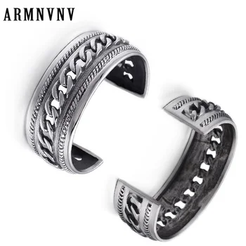 

Open Cuff Silver Color Wide Bangles Men Sporty Jewelry Punk Braided 316L Stainless Steel Chain Link Charm Bracelets homme