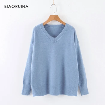 

BIAORUINA 4 Color Women's Casual Solid Color Knit Sweater Female Minimalist V-neck Korean Style Pullover Loose Fashion Sweater
