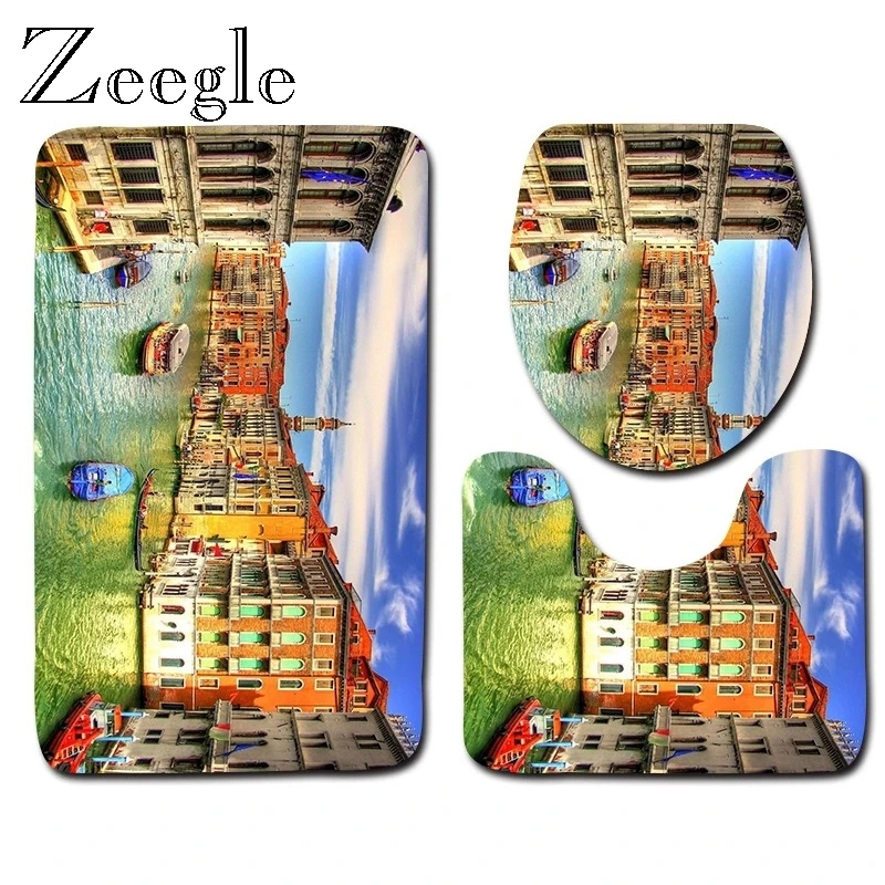 Zeegle 3pcs Bathroom Rug Set Flannel Soft Toilet Seat Cover Mat Anti Slip Foot Mat Toilet Pedestal Rug Absorbent Bath Floor Mat