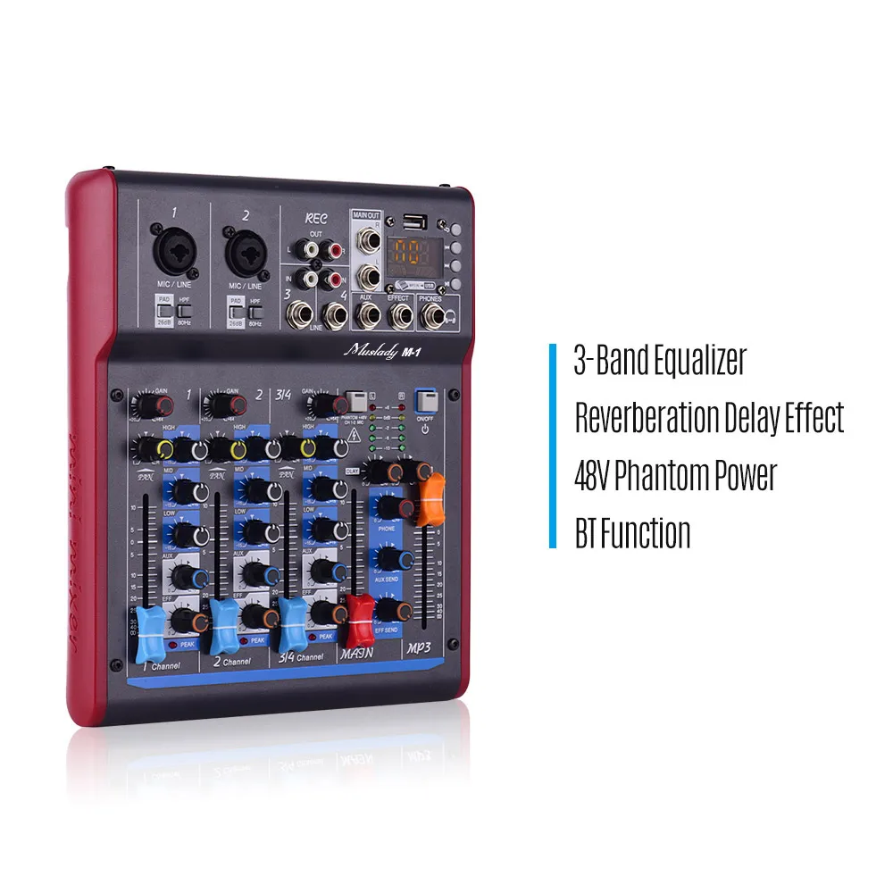 Muslady M-1 4 канальный цифровой смеситель микшерный пульт с реверберации эффекты BT Функция задние фоны для студийной съемки Запись DJ в прямом эфире