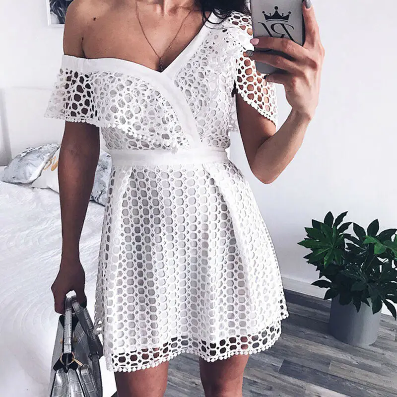 

Women Summer Boho Lace Mini Dress Party Cocktail Beach Sundress sleeveless Hole Lady Elegant Sexy Slim Mesh Business Holiday