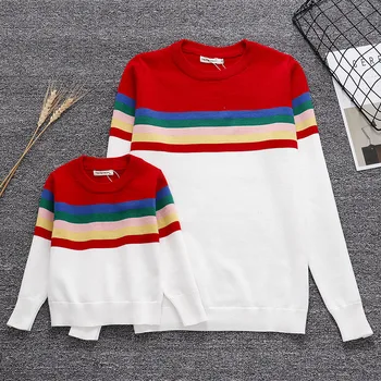 

Family Fashion Knit Rainbow Stripe Sweaters Mother Baby Cotton Mommy and Me Clothes Family Clothing Family Matching Outfits